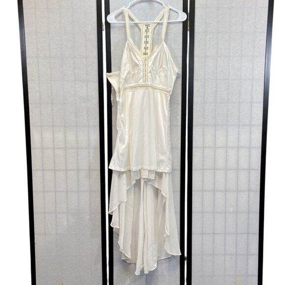 Lulus Racer Back V Neck Lace Waist Hook Eye Closure Lined Hi Low Dress Cream L - Picture 5 of 11